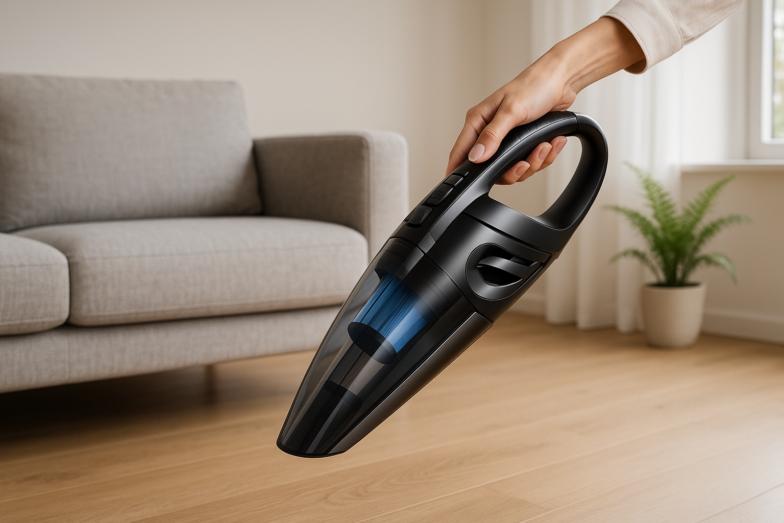 KraftVac Pro im modernen Wohnzimmer auf grauem Sofa