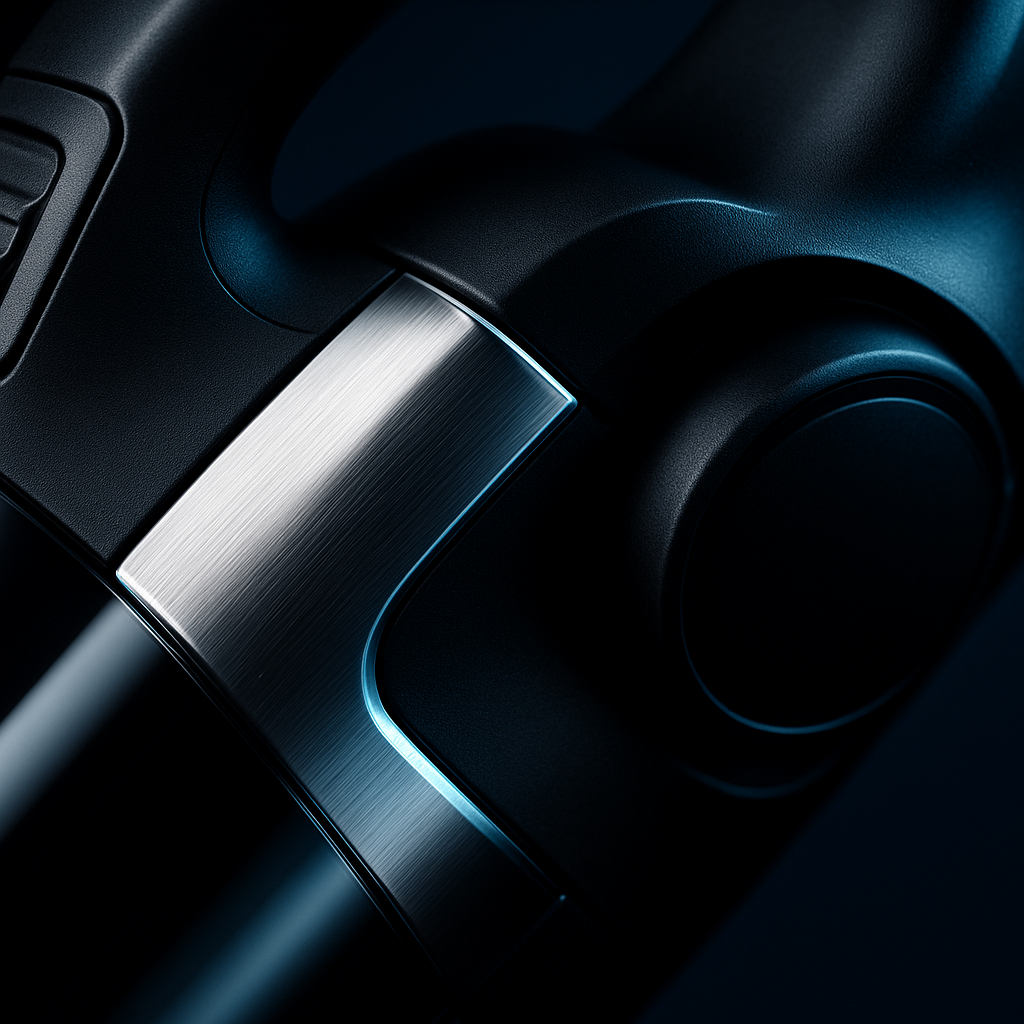 KraftVac Pro Detailaufnahme - gebürstetes Chrom mit blauen Akzenten